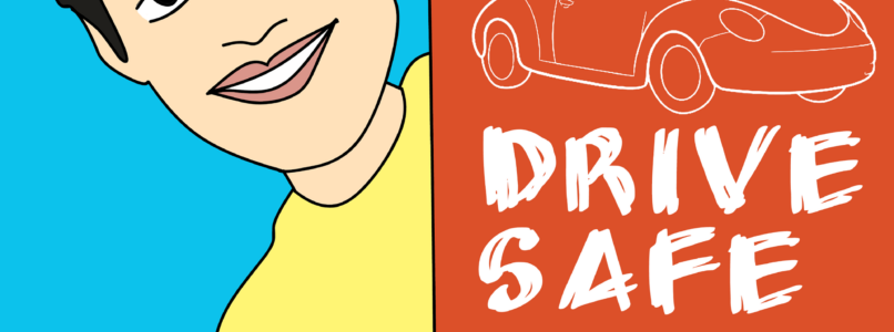 Safe-driver program: man pointing at Drive Safe sign.